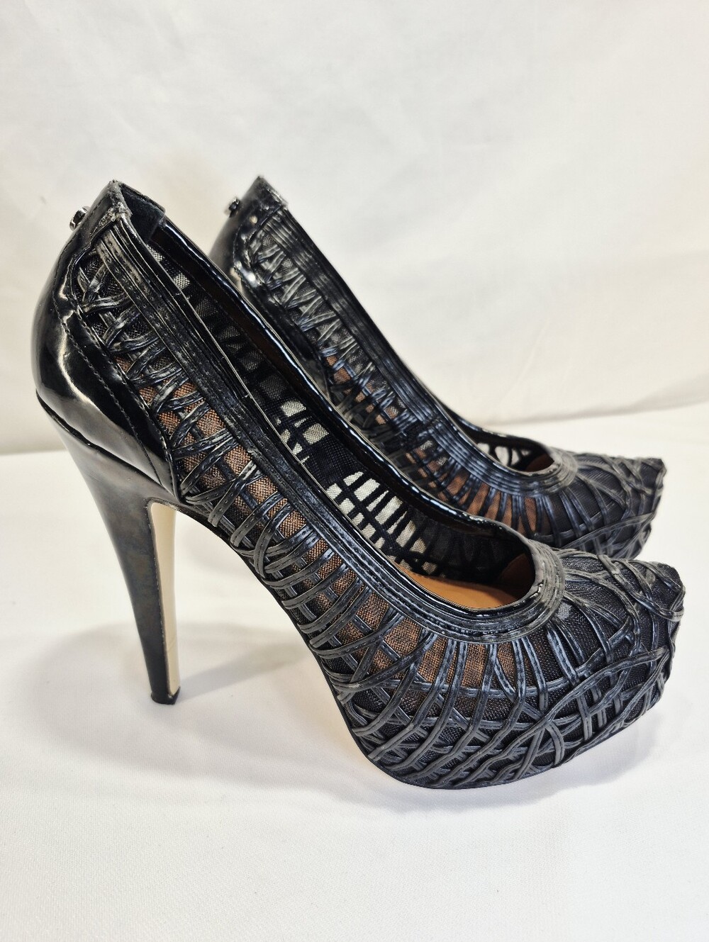 Calvin Klein Women's 7.5M Ultra High Platform Heels Black Mesh And Leather Pump